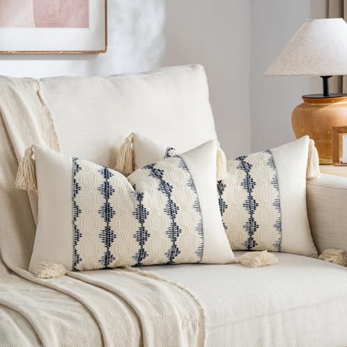 Fancy Homi Set of 2 Navy Blue Lumbar Decorative Throw Pillow Covers 12x20 Inch for Couch Bed Sofa Living Room, Aesthetic Organic Farmhouse Home Decor, Cotton Woven Textured Cushion Case with Tassels