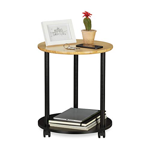 Relaxdays Round Side Table, With Castors, Rolls, Modern Design, Bamboo, End Table For Living room, HxD: 49x40 cm, Black/Natural