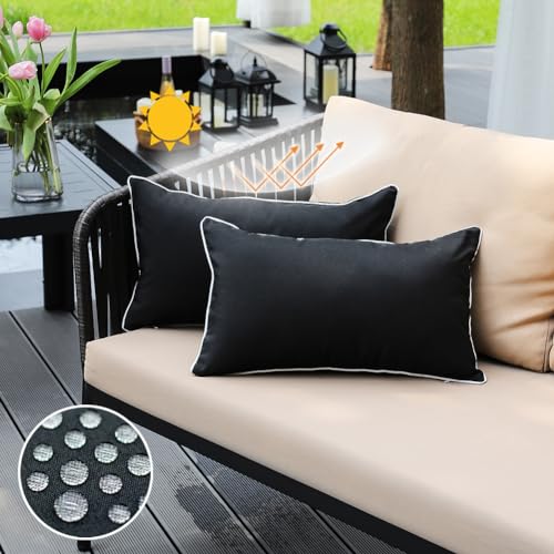 JOJOGOGO Black Outdoor Waterproof Sun Fade Resistant Lumbar Pillow Covers 12x20 Set of 2, Decorative Outdoor Pillows Cushion Covers 12 x 20 for Front Porch Patio Furniture (with White Piping)