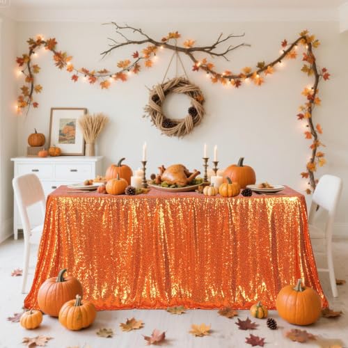 Eternal Beauty Halloween Tablecloth Sequin Tablecloth, 90x156 Rectangle Sequin Tablecloth for Party Cake Dessert Table Exhibition Events,Orange