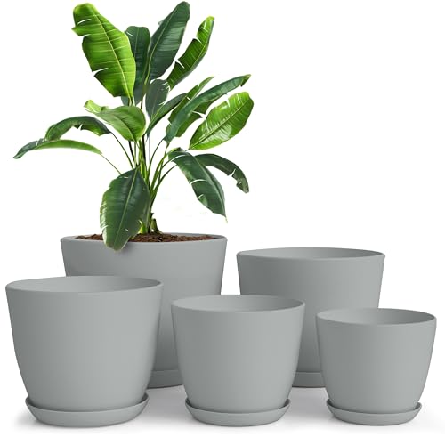 Utopia Home Plastic Planters Grey, Flower Nursery Pots Indoor Modern Decorative Plastic Pots for Plants, Succulents, Flowers, and Cactus 5 Pack, Multisize