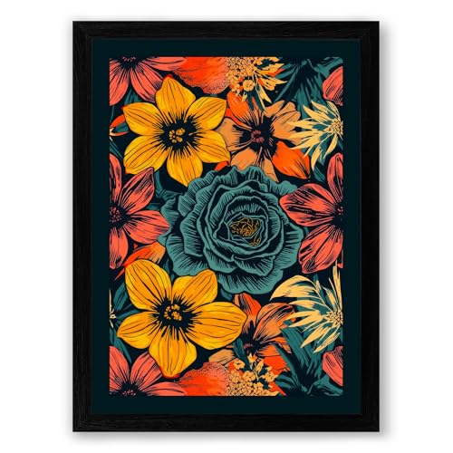 Festive Floral Tapestry Botanical Framed Wall Art Print A2 (59.4×42cm) Black, Wall Decor for Living Room, Bedroom, Office & Home, Ready to Hang, Art Gift