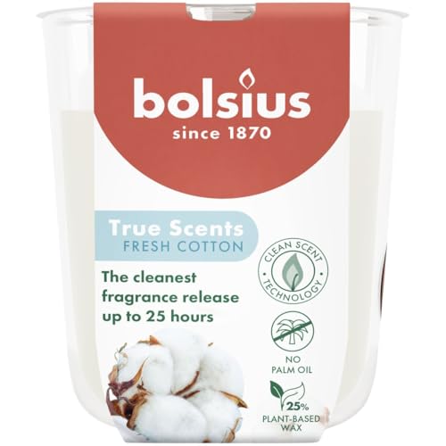 Bolsius - Fresh Cotton - White - Set of 6 Scented Candles - 8 x 7 cm - Burn time: 25 Hours - with Natural extracts - Natural Vegetable Wax - Palm Oil Free
