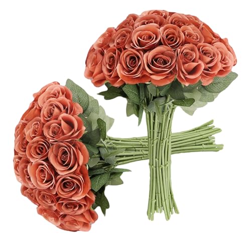 JUSMAI 30pcs Roses Artificial Flowers Burnt Orange Fake Roses Flowers with Long Stems Silk Flowers for Wedding Bouquet Centerpices Decorations Party Bridal Baby Shower Home Decor