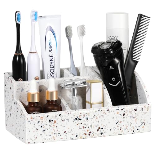 Luxspire Bathroom Counter Organizer, Toothbrush Holder for Bathroom 5 slot, Large Bathroom Countertop Organizer Storage Bathroom Accessories for Toothbrush Toothpaste, Terrazzo