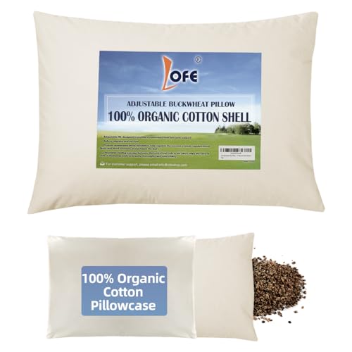 LOFE Organic Buckwheat Pillow for Sleeping with Organic Cotton Pillowcase - 16''x22'', Adjustable Loft, Breathable for Cool Sleep, Cervical Support for Back and Side Sleeper(Tartary Buckwheat Hulls)