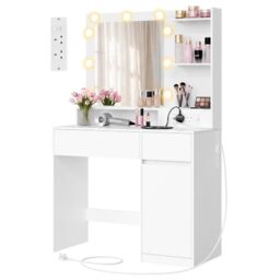 VASAGLE Dressing Table, Vanity Table with Large Mirror, Cabinet with 2 Adjustable Shelves, 1 Drawer, 2 Open Shelves, Modern basic Makeup Table, White KAILYN Collection RDT242WB02