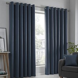 "Fusion Strata Thermal Eyelet Curtains – Navy Blue – W90 x L108"" (229 x 275cm) – 2 Panels – 100% Cotton – Room Darkening Drapes for Bedroom, Living Room and Doors"