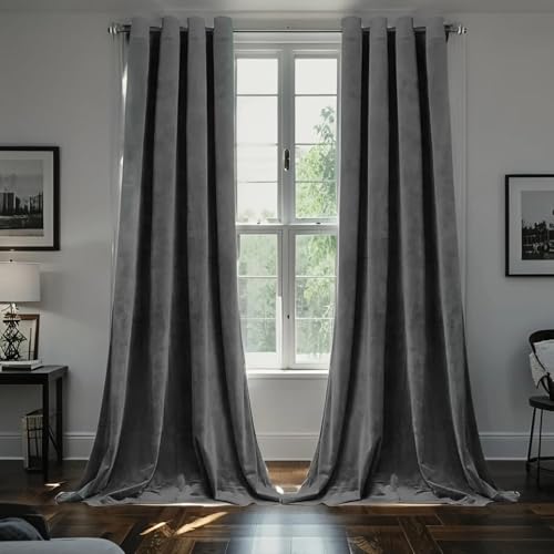 SMILETIME Dark Grey 72 in Long Velvet Curtains with Grommet, Super Soft Privacy Noise Reducing Light-Filtering Velvet Drapes for Living Room Bedroom, 2 Panels, 52 x 72 inches