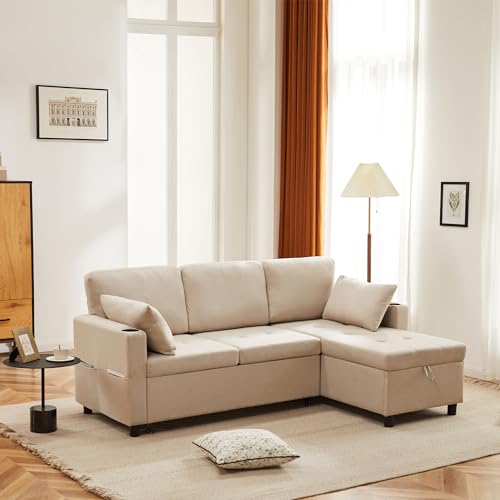 Ball & Cast L Shaped Sofa with Reversible Chaise, 3 Seater Corner Sofa with Storage Ottoman, USB Charging & Cup Holder, Sectional Sofa with Washable Covers, Linen Fabric Sofa for Living Room (Beige)