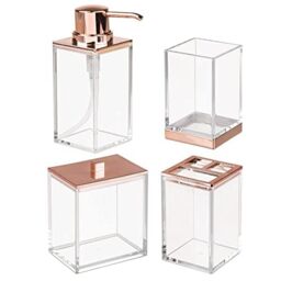 mDesign Plastic Bathroom Vanity Countertop Accessory Set - Includes,Soap Dispenser, Toothbrush Holder, Lidded Canister, and Tumbler Rinsing Cup Lumiere Collection - Set of 4 - Clear/Rose Gold