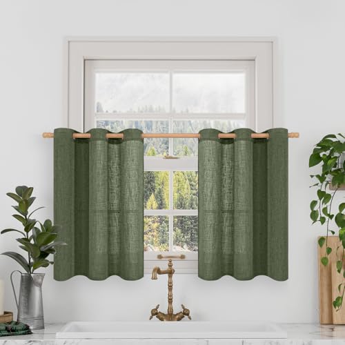 LAMIT Short Linen Curtains 36 Inch Length 2 Panels, Light Filtering Window Curtains Farmhouse Soft Bronze Grommet Panels for Bathroom/Small Windows/Cafe, Olive Green, 34 x 36 Inch