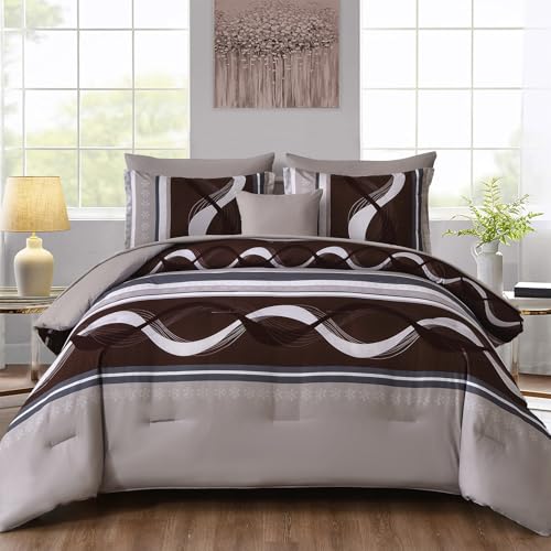"Anibedding Striped Comforter Set Queen Size,8 Pieces Bed in a Bag Beige and Brown Patchwork Bedding Sets,Boho Soft Microfiber Bedding Set for All Season(90""??90"")"