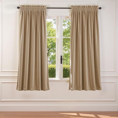 Lazzzy Velvet Curtain Beige Thermal Insulated Blackout Curtains 72 Inch Long Drapes for Bedroom Living Room Darkening Window Treatments Rod Pocket, Set of 2, Latte