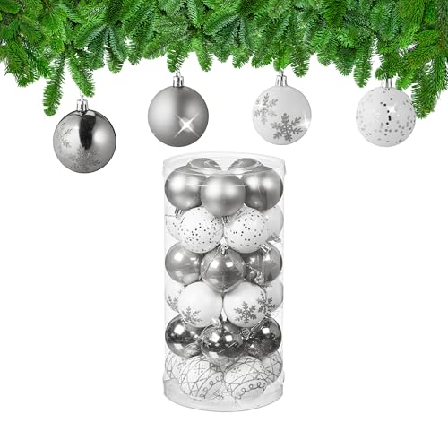 Relaxdays Christmas Baubles Set of 30, Plastic, D: 6 cm, Round, Shatterproof, Tree Decorations, Patterns, Silver/White