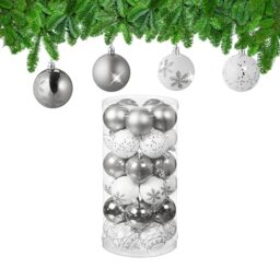Relaxdays Christmas Baubles Set of 30, Plastic, D: 6 cm, Round, Shatterproof, Tree Decorations, Patterns, Silver/White