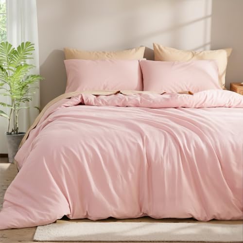 Cozaline 100% Cotton Comforter Set Queen Size ??? Pink, Linen-Like Texture, Super Soft & Breathable Lightweight Bedding Set, 3-Piece Durable Percale Comforter for All Seasons