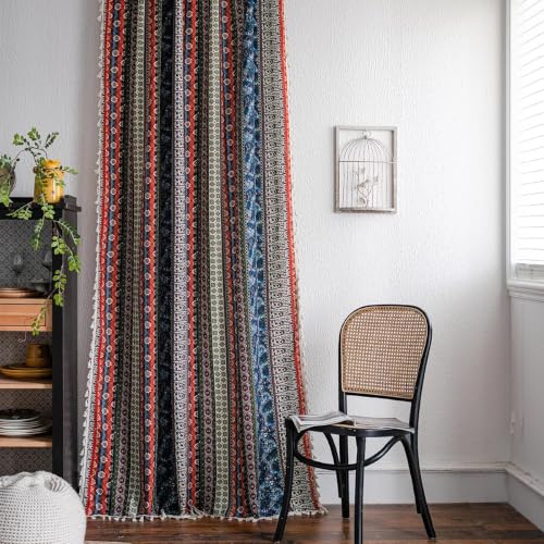 VOGOL Boho Curtains 96 Inches Length, Linen Textured Curtain Panels for Dining Room, Bohemia Style Rod Pocket Window Treatments for French Door, 1 Piece, Red & Blue