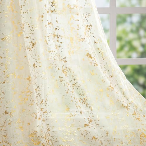 "Horaldaily Beige Sheer Curtains for Living Room and Bedroom,Gold Sequin Glitter Metallic Foil, Scenery Light Filtering Window Curtains, 52"" W x 72"" L, Set of 2 Curtain Panels"