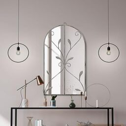 "MirrorOutlet The Arcus - Concrete Colour Framed Modern Arched Wall Mirror 31"" X 18"" (80CM X 46CM) Silver Mirror Glass with Black All weather Backing."