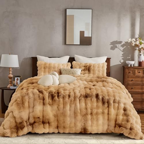 Wonderful 3 Pieces Fluffy Faux Rabbit Fur Bubble Comforter Set Queen Size, Tie-Dyeing Caramel Plush Fuzzy Bedding Set, Warm Soft Bubble Comforter Bedding Set for Winter