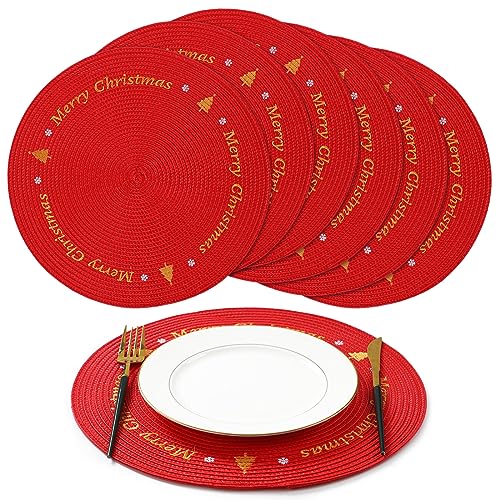Tioncy 6 Pcs Round Christmas Placemats Snowflake Red Placemats 13.4 Inch PP Winter Round Placemat Christmas Table Mat Washable Place Mats for Holiday Kitchen Dining Table Decorations (Merry Christmas)