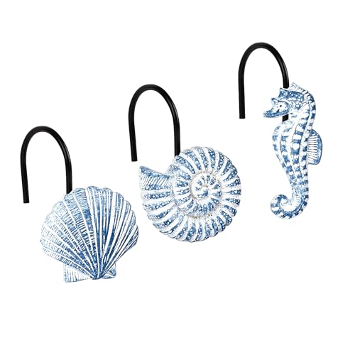 Sunlit Seashells Decorative Shower Curtain Hooks, Sky Blue Ocean Creatures Coastal Shower Curtain Rings with Black Hooks, Resin, Nautical Bathroom Decoration Beach Shower Curtain Hooks, Set of 12