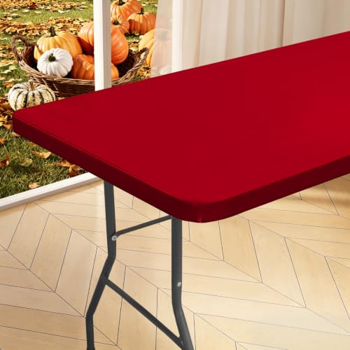 "homing Rectangle Table Cloth Cover, Water-Resistant Polyester Elastic Fitted Tablecloth, Fits for 4 Foot Folding Tables, Washable Table Protector for Picnic, Camping, Outdoor (Red, 24"" x 48"")"