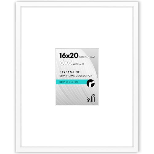 Americanflat 16x20 Picture Frame in White - Use as 6x8 Picture Frame with Mat or 16x20 Frame Without Mat - Thin Border Photo Frame with Plexiglass Cover - Vertical or Horizontal Wall Display