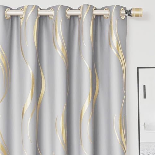 MYRU 1 Pair Luxury Wave Pattern Striped Blackout Curtains with Gold Foil Design, Grommet Top, Thermal Insulated Window Drapes(Light Gray and Gold, 2 Panels 54 x 90 Inch)