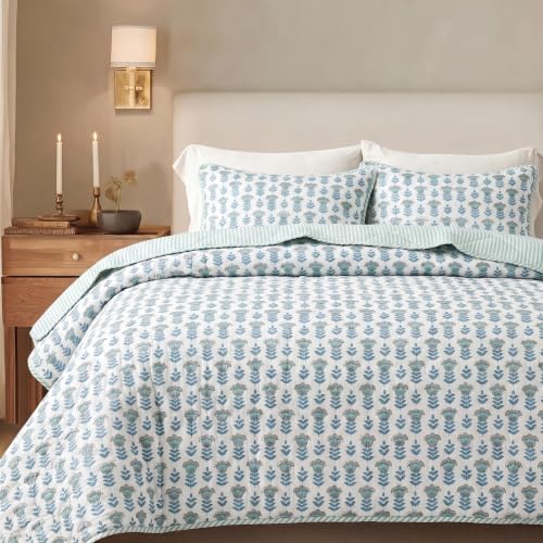 "Ridhi Block Print Quilted Throw Blanket 100% Cotton Quilt, Cover for Couch and Bed, Sage Lap Bedding Coverlet, Luxury Oversized Quilted Throw (Twin 60"" X 90"", Aquamarine Blue)"