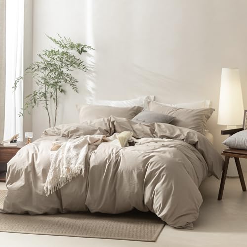 BDEAR 3 Pieces Linen Grey Duvet Cover Queen Size 90'' L x 90'' W, 100% Washed Cotton Duvet Cover with Zipper Closure Plus 2 Pillowcases, Oeko TEX Standard Certificated, Cozy Feel