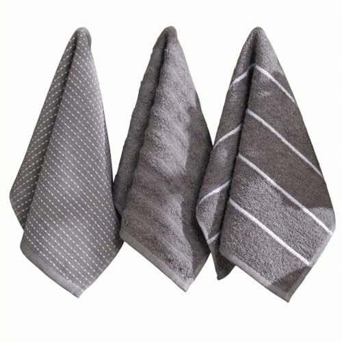 Foutastic Towel Set (6-Piece) 100% Cotton 30 x 50 cm - Machine Washable Charcoal Grey Plain and Stripe Pattern - Soft and Durable