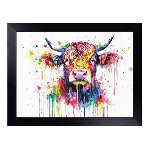 Lap Tray with Bean Bag Cushion, Highland Cow in Colour - Handmade in the UK, Raised Wooden Edge, Padded Cushion, Heat-Resistant Wipe-Clean Surface, for Meals, Laptops and Crafts