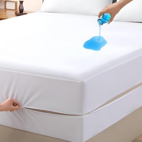 Mattress Protector Full XL Size ??? 100% Waterproof Zippered Cover, 15-Inches Deep, Six-Sided Mattress Encasement for Bed, Zipper Closure Style (White)