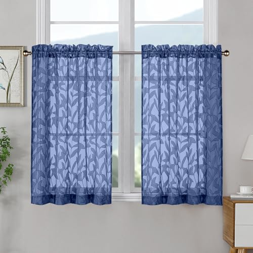 OWENIE Leyna 36 Inch Length Dusty Blue Sheer Curtains Tiers 2 Pieces, Modern Leaf Jacquard Textured Short Kitchen Window Curtain for Living Room Bedroom, Modern Double Rod Pockets, 40Wx36L Inches