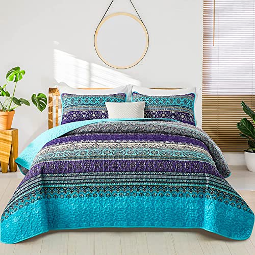 "WONGS BEDDING Boho Quilt Set California King, Blue Purple Bohemian Striped Pattern Printed Quilt Coverlet, Lightweight Microfiber Bed Decor Bedspread for All Season 106""x96""(3 Pieces, Cal King)"