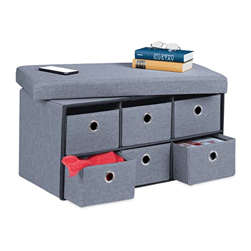 Relaxdays Storage Bench, 6 Drawers, Padded Stool for Home, Foldable, HxWxD: 39 x 76 x 38 cm, Grey