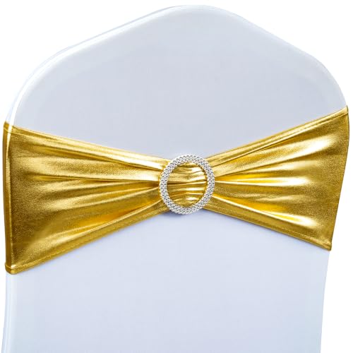 Babenest Spandex Chair Sashes Bows 50PCS Premium Stretch Chair Cover Band with Buckle Slider Universal Elastic Chair Ties for Wedding Party Ceremony Reception Banquet Decoration (Metallic Gold)