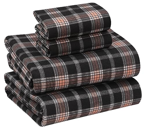 Ruvanti - Flannel Sheets Set Full Size - 100% Double Brushed Cotton, Warm and Cozy, 4 Piece Set, Peach and Black Checked Print