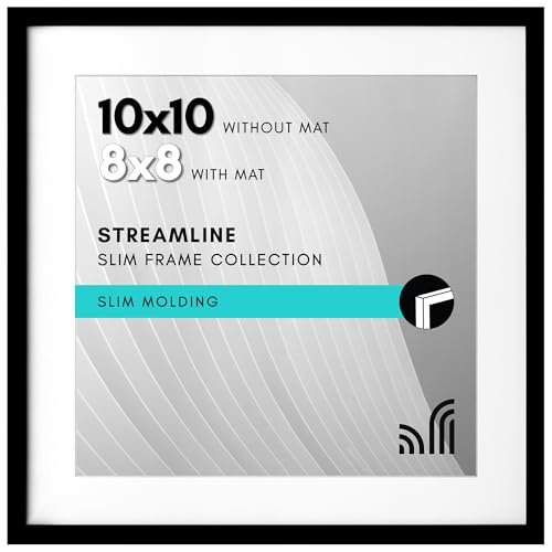Americanflat 10x10 Picture Frame with Shatter-Resistant Glass - Use as 8x8 Frame with Mat or 10x10 Frame Without Mat - Streamline Collection - Thin Picture Frame for Tabletop and Wall Display - Black