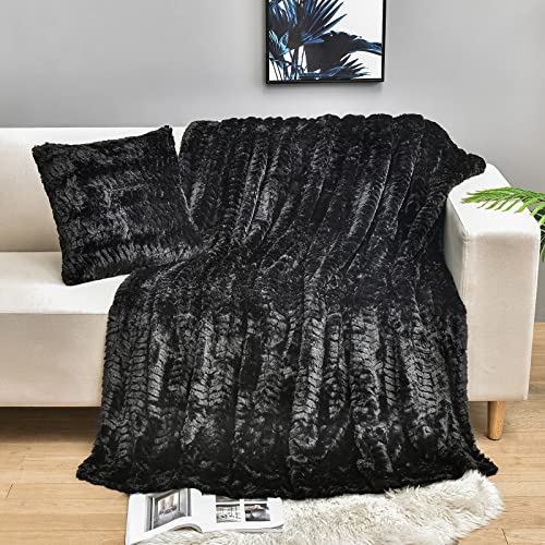 "YUSOKI Luxury Double Sided Faux Fur Throw Blanket(Without Pillows),Soft Fuzzy Fluffy Cozy Blanket Plush Furry Comfy Warm Blanket for Couch Bed Chair Sofa Bedroom Men Boys Gift(Black,50"" x 63"")"