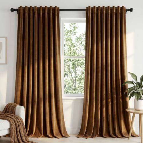 Dchola Gold Brown Velvet Curtains for Bedroom Window with Back Tab, Super Soft Vintage Luxury Heavy Drapes, Room Darkening Thermal Insulated Curtain for Living Room, W52 by L84 inches, 2 Panels
