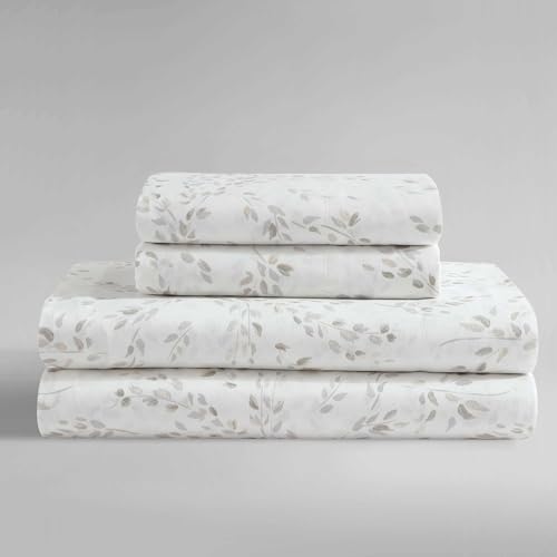 Calvin Klein - Queen Bed Sheets, Silky Smooth Sateen Cotton Bedding Set with Deep Pockets, Oeko-TEX Certified (Airy Botanical Beige, Queen)