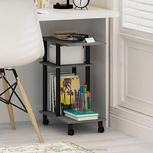Furinno TURN-N-TUBE Side Table, 3-Tier C-Shape End Table with Wheels, Toolless Assembly Night Stand, Bedside Table with Open Shelf, for Living Room, Bedroom, Grey Oak/Black