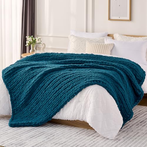 L'AGRATY Chunky Knit Blanket Throw: 60''x80'' Chenille Chunky Knitted Throw Blanket for Bed Couch - Handmade Thick Big Cable Knit Blanket - Large Crochet Rope Blankets for Home Decor(Blue)