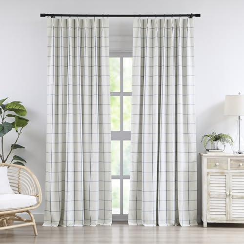 "Vision Home Blue Plaid Linen Pinch Pleated Full Blackout Curtains Checkered Thermal Insulated Window Panels 108 inch for Bedroom Living Room Darkening Rustic Pinch Pleat Drapes with Hooks 40""Wx108""Lx2"