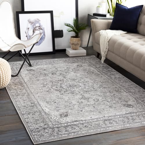 Livabliss Sanvi Hergla Vintage Style Floor Covering 160x220 cm – Scandi Neutral Traditional Pattern for Living Room, Hallway & Bedroom, Easy Care, Charcoal, Grey & White