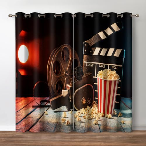 Jekeno Cinema Movie Clapperboard and Popcorn Window Blackout Curtain - 42x84 Inch Grommet Cinema Movie Clapperboard And Popcorn Blackout Curtain 2 Panel Set Film Reel Scenery For Bedroom