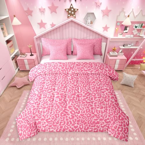 Erosebridal Pink Leopard Print 7 Pcs Bedding Set King,Sexy Cheetah Print Bed in a Bag,Animal Skin Texture Bed Set Includes Comforter,Sheet Set,Pillowcases & Pillow Covers,Farmhouse Boho Bedroom Decor